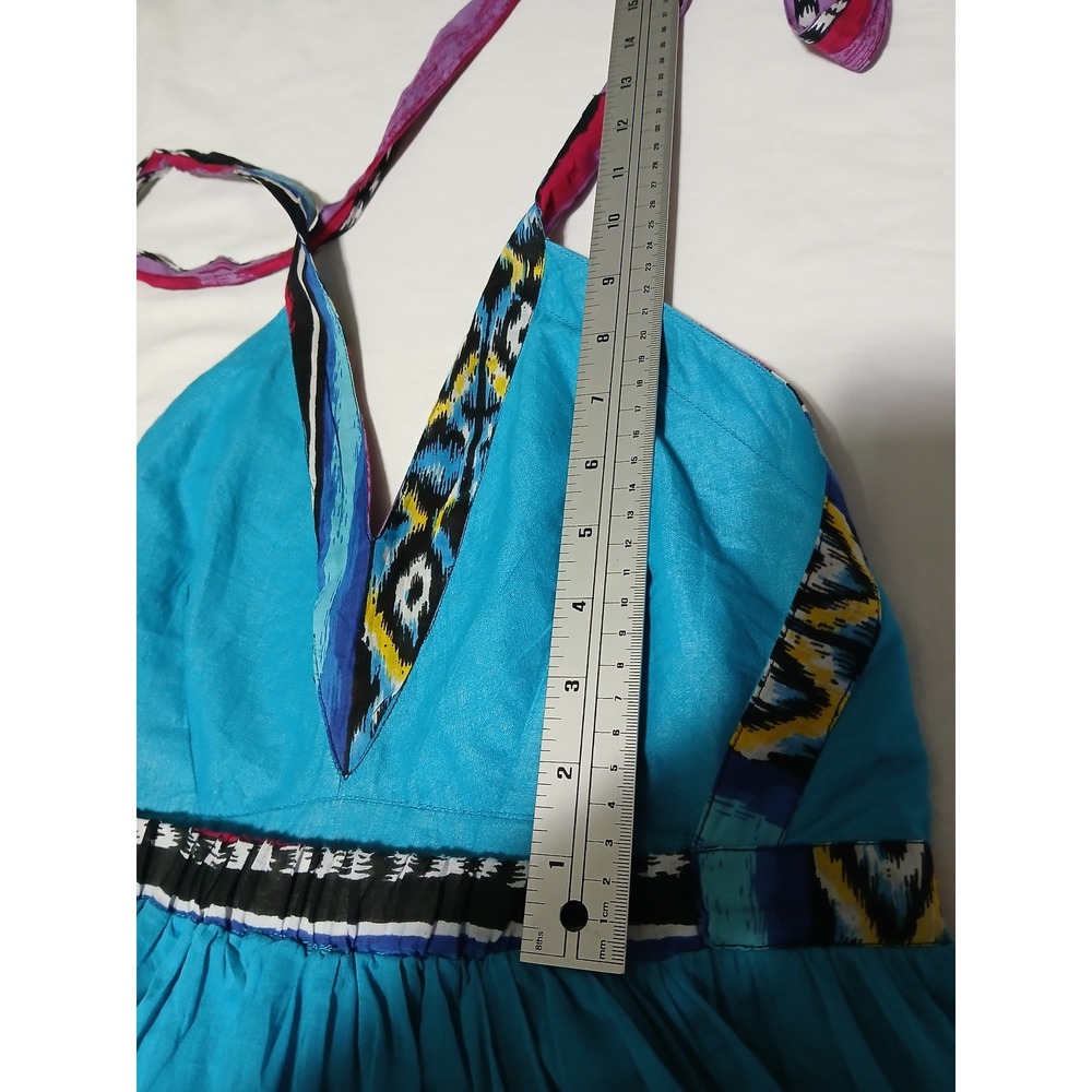 Apollo Womens Turquoise Tribal Ikat Print Halter V-Neck Open Back Maxi Dress M - Picture 10 of 14